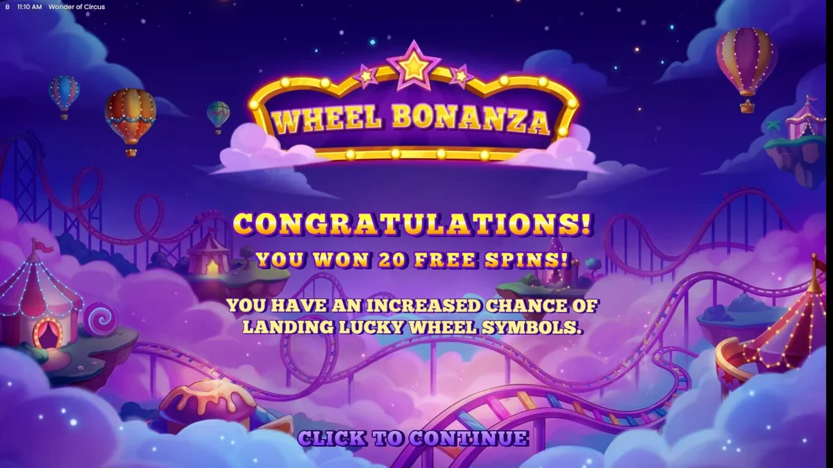 Interface do jogo de slot Wonder of Circus com elementos circenses neon